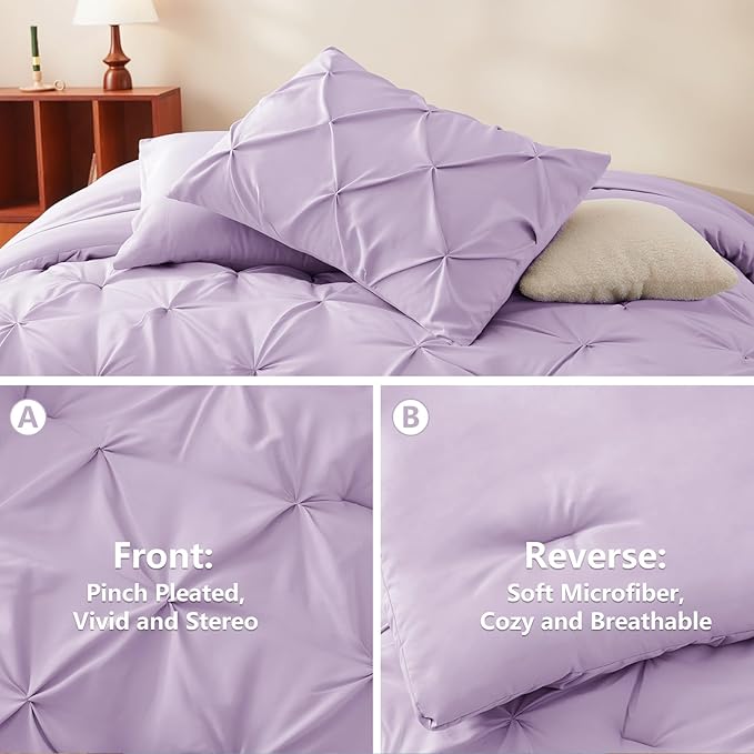 CozyLux Queen Comforter Set Lavender, 7 Pieces Pintuck Bed in A Bag, Premium - Image 3
