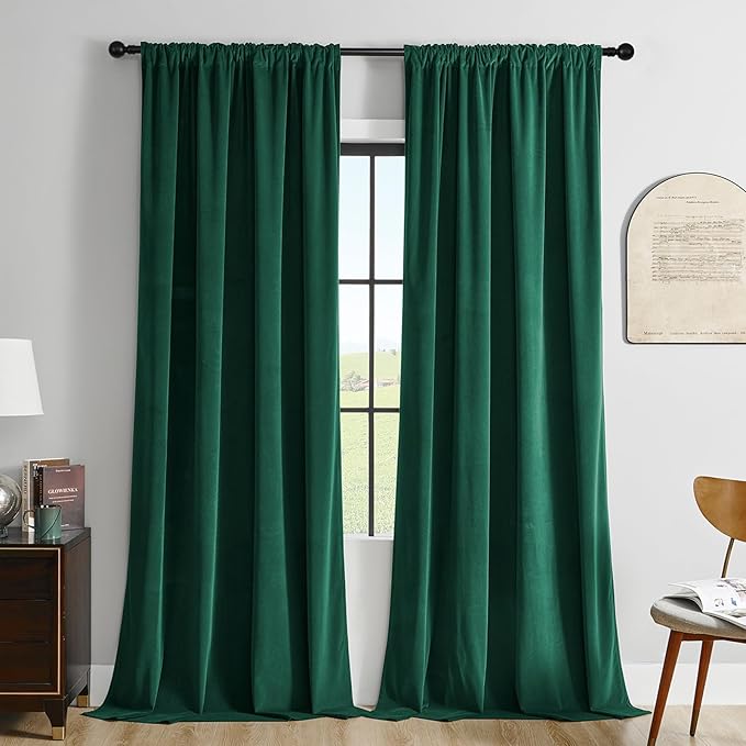 Joydeco Green Velvet Curtains 102 inch Length 2 Panels, Luxury Blackout Rod by JOYDECO