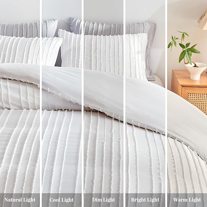 WARMDERN White Boho Duvet Cover Set Queen Size, Striped Textured Tufted Bedding - Image 7