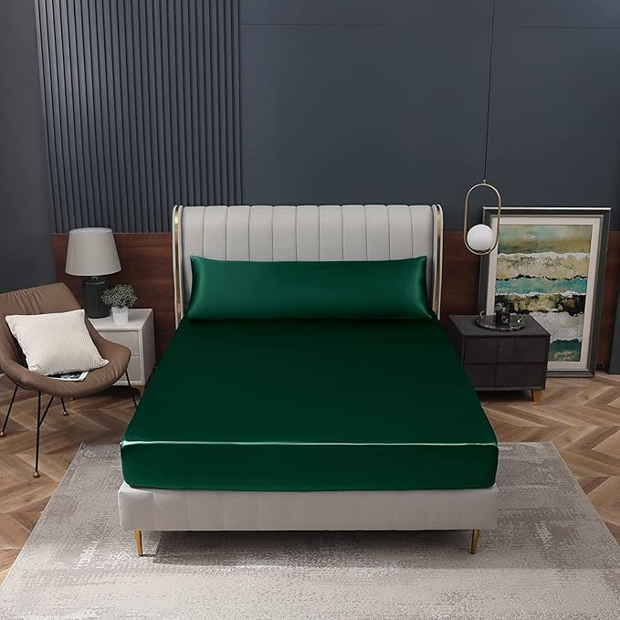 Homiest Blackish Green Satin Fitted Twin XL Size Bed Sheet, Deep Pocket - Image 8