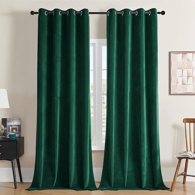 Joydeco Dark Green Velvet Curtains 63 Inches Long, Luxury Grommet Blackout by JOYDECO
