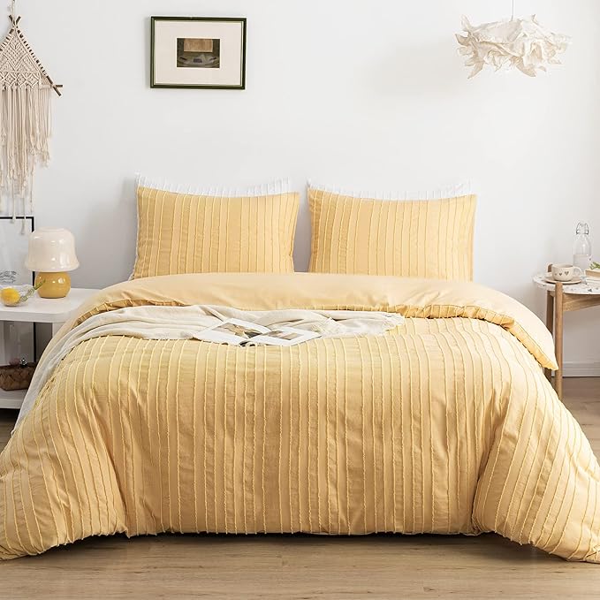 WARMDERN Yellow Boho Duvet Cover, Striped Textured Duvet Cover Tufted Bedding by WARMDERN