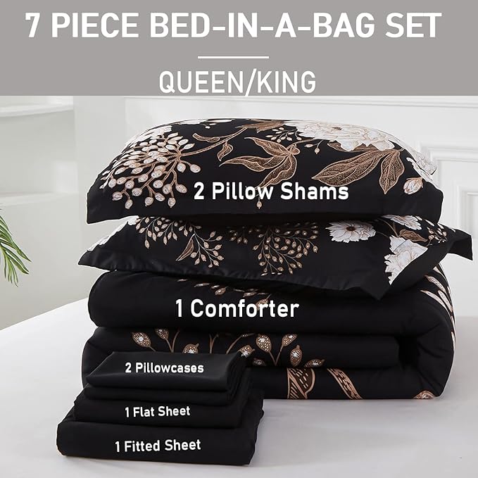 Yogeneg 7 Piece Bed in a Bag Queen Comforter Set Botanical Floral Bedding Set - Image 6