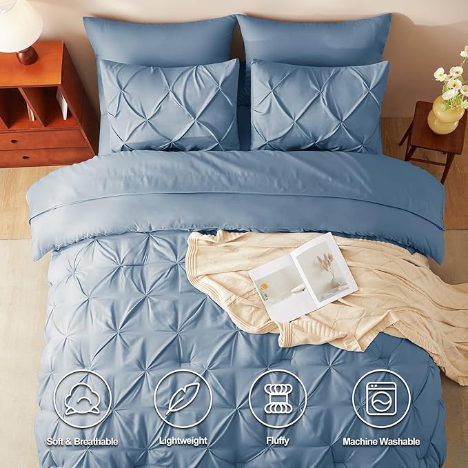 CozyLux Full Size Comforter Sets Grayish Blue, 7 Pieces Pintuck Bed in A Bag - Image 2