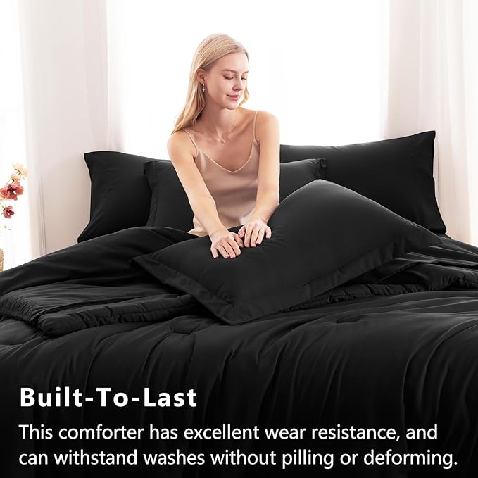 CozyLux Oversized Queen Comforter Set Black, 7 Pieces Bed in a Bag Comforter Set - Image 3