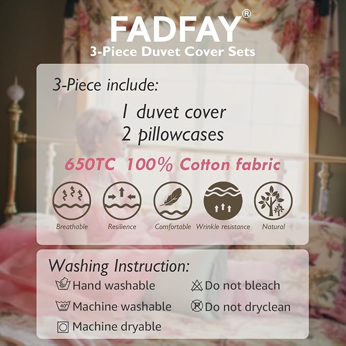 FADFAY Shabby Vintage Duvet Cover Twin XL Dorm Bedding Fashionable Rose and - Image 9