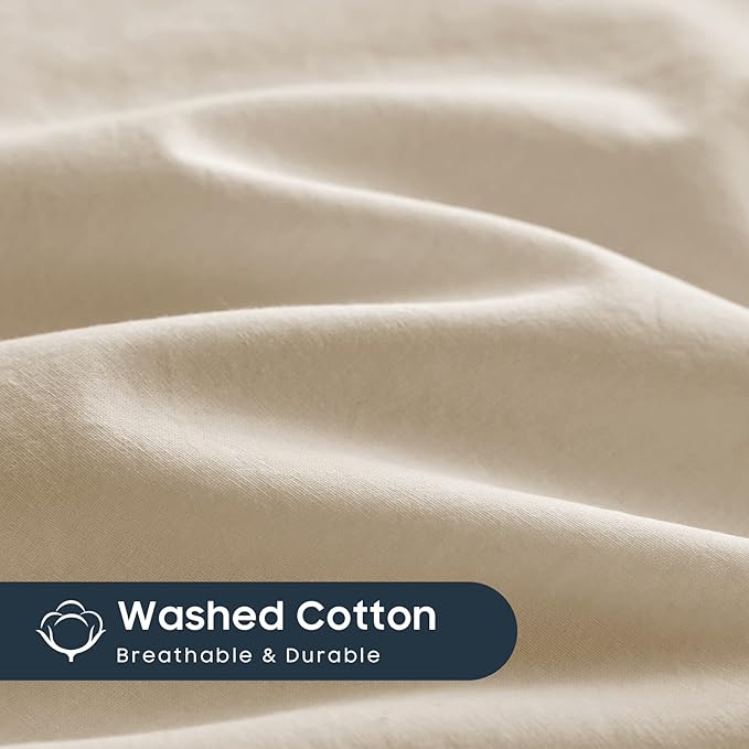 Wake In Cloud - Cotton Duvet Cover Set, Twin Size, Khaki Linen Color, 100% - Image 7
