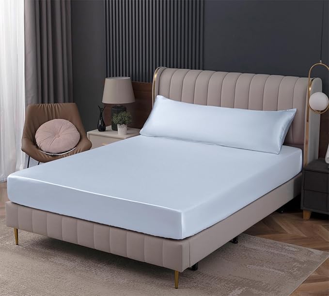 Homiest Baby Blue Satin Fitted Sheet King Size, Deep Pocket, Luxury & Ultra by Homiest