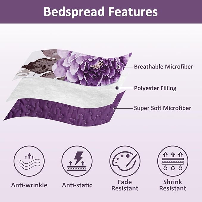 WONGS BEDDING Floral Quilt Set Purple Full, Quilted Printed Lightweight - Image 6