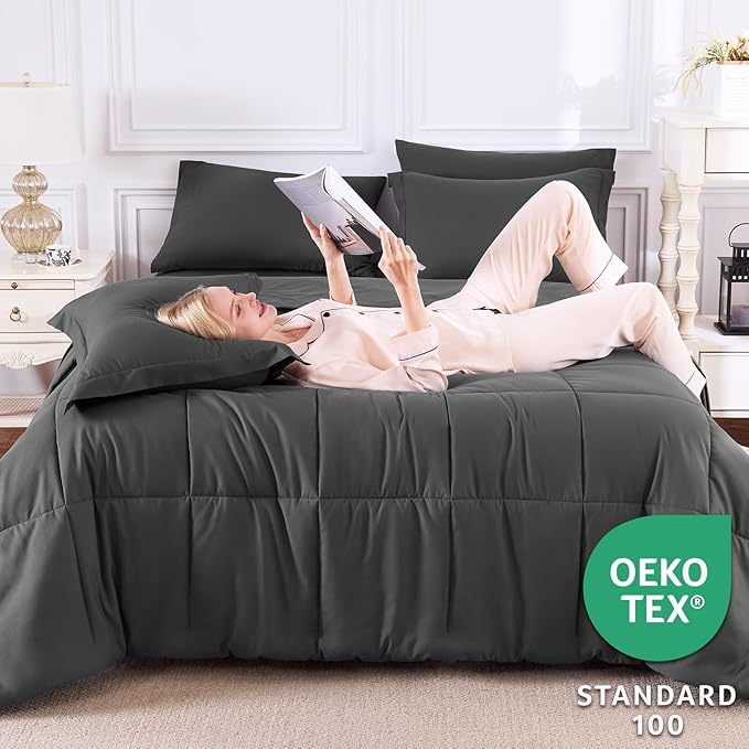 CozyLux King Size Comforter Set Dark Grey - Image 3