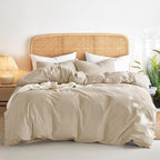 Wake In Cloud - Cotton Duvet Cover Set, Twin Size, Khaki Linen Color, 100% - Image 9