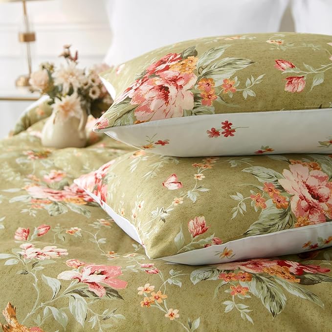 mixinni Duvet Cover King Size, Long Staple Cotton Reversible Green Floral Duvet - Image 5
