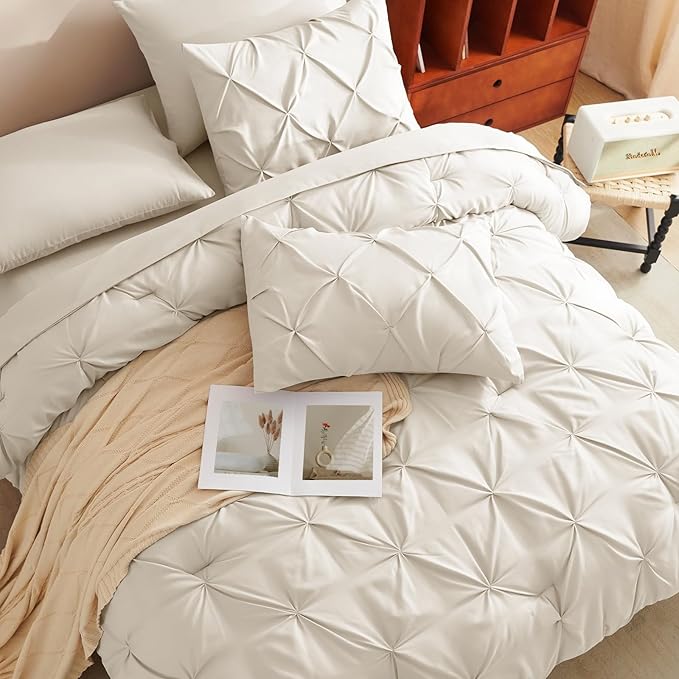 CozyLux Queen Comforter Set Oatmeal, 7 Pieces Pintuck Bed in A Bag, Premium - Image 4
