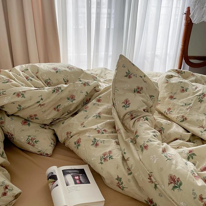 MKXI Yellowish Beige & Red Floral Duvet Cover Set King Size - Image 6
