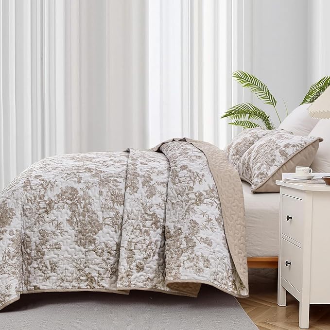 WONGS BEDDING Botanical Quilt Set King, Floral 3 Pieces Khaki Plants Printed - Image 4