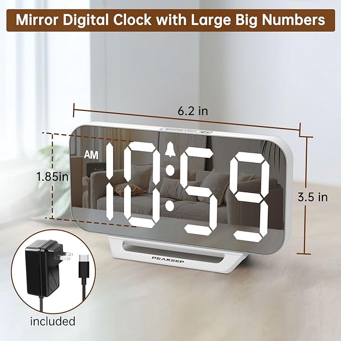 Peakeep Slim Digital Mirror Aesthetic Alarm Clock - Image 2