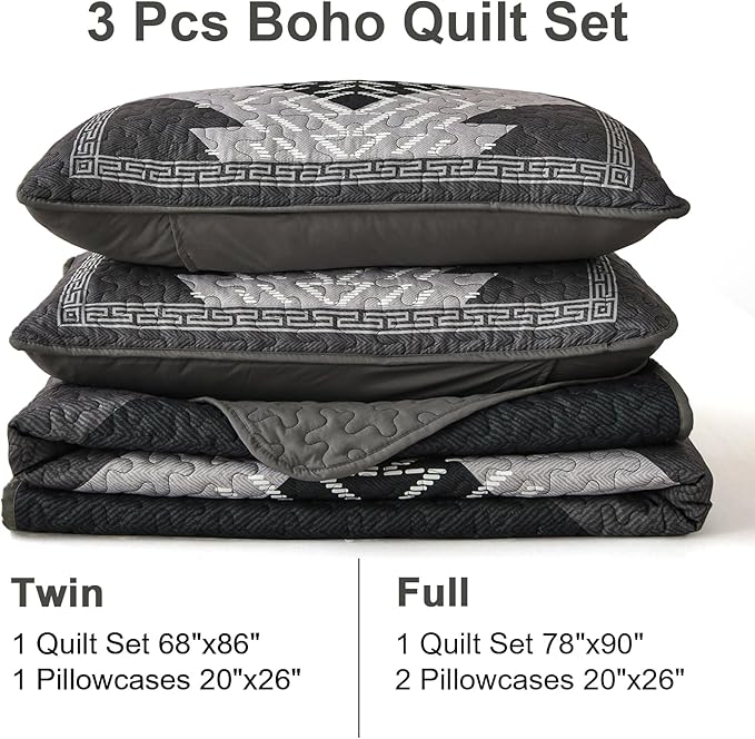 Dintszyayue Black Quilt Set Boho King Size, 3 Piece Aztec Texture Bedspread - Image 7