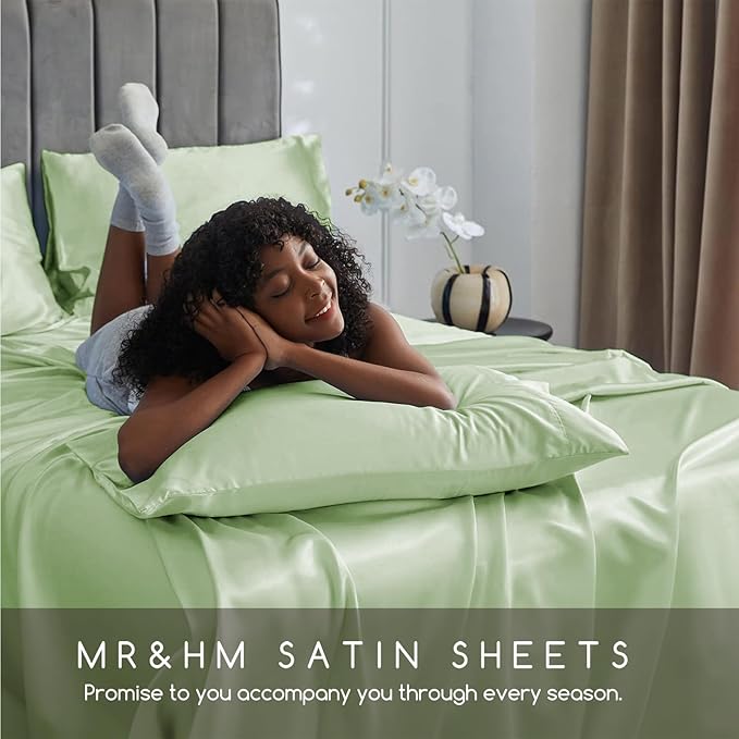 MR&HM Satin Bed Sheets with Elastic Corner Straps, Queen Size Sheets Set - Image 5