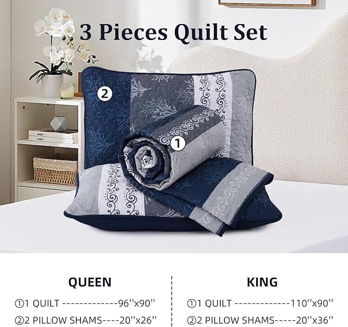 DJY Stripe Quilt Set King Size Navy Blue Bedspread Coverlet Set 3 Pieces Boho - Image 8