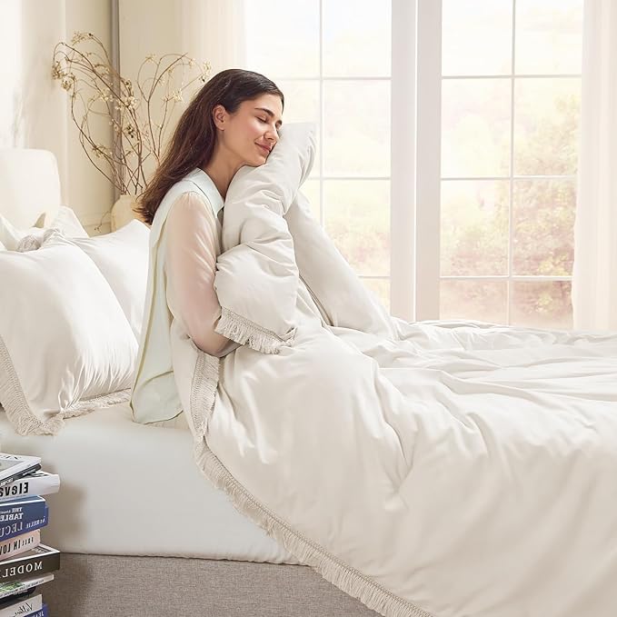 Andency Comforter Oversized King Beige 120x98, 3 Pieces Boho Winter Lightweight - Image 6