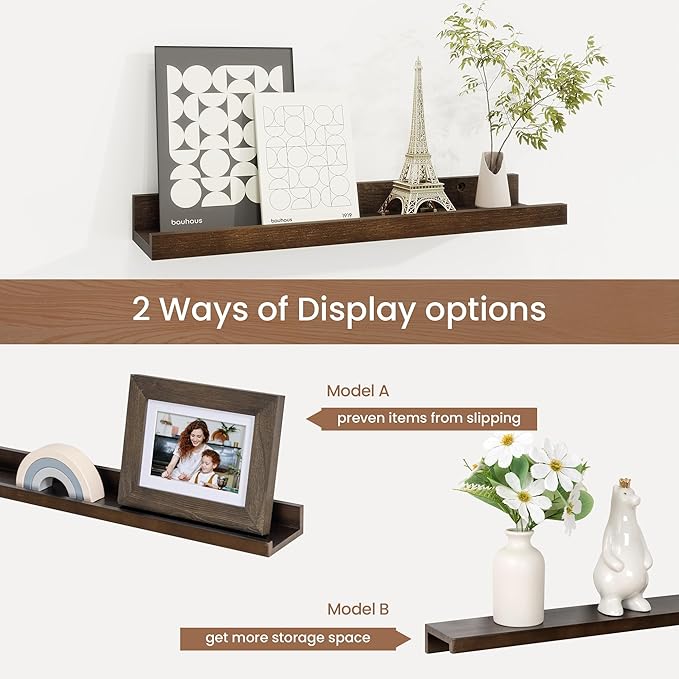 Fun Memories Picture Ledge Shelf, Solid Pine Wood Floating Shelves Set of 4 - Image 6