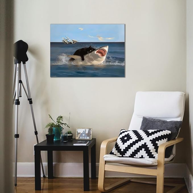BFKDKG Framed Black Cat Wall Art, Abstract Black Cat Shark Poster, Funny quirky - Image 5