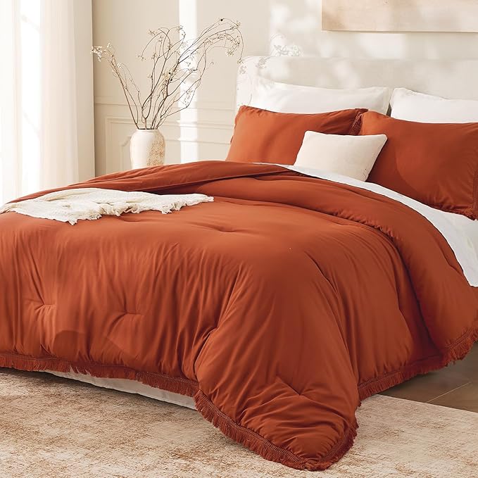 Andency Queen Comforter Set Burnt Orange, 3 Pieces Boho Terracotta Fall Tassel by Andency