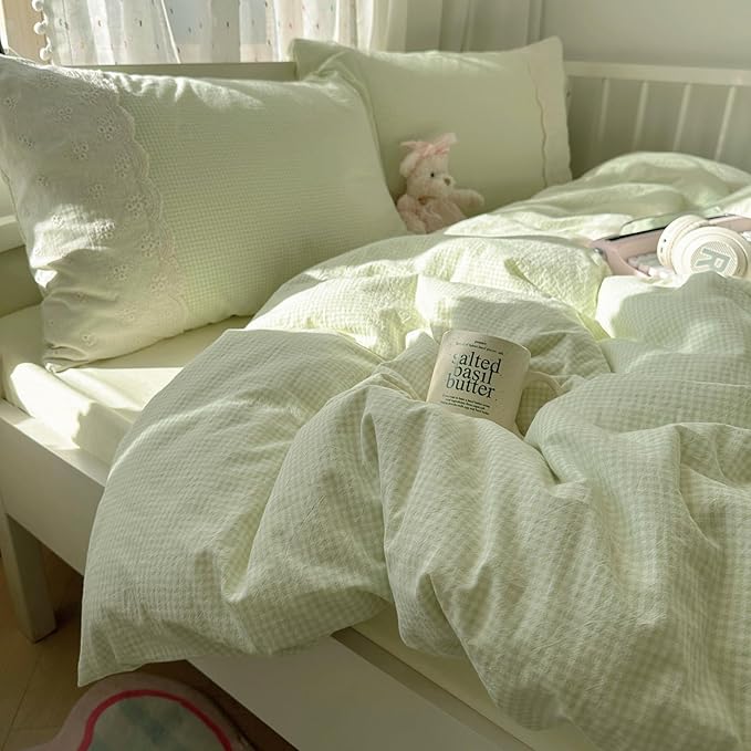 mixinni Green White Gingham Duvet Cover Twin XL Size by mixinni