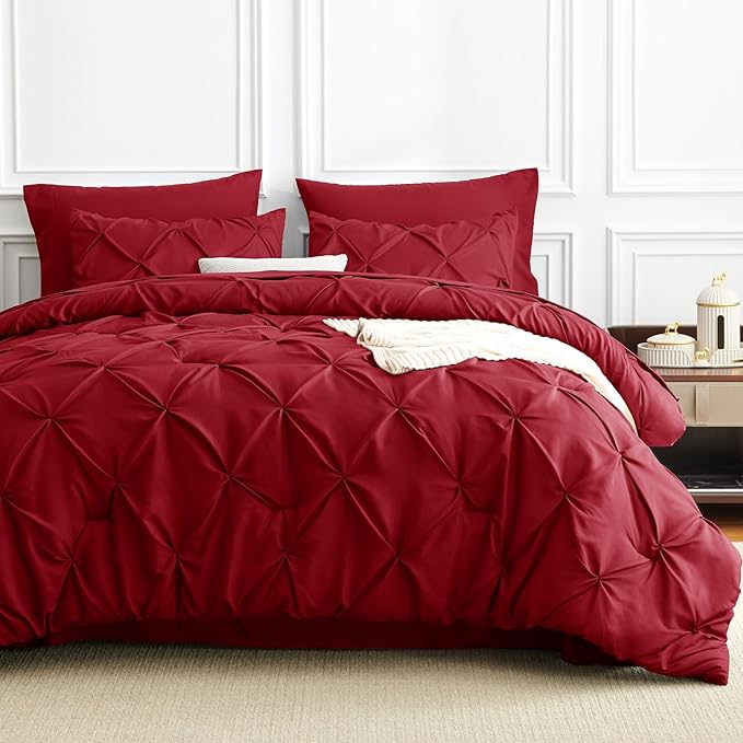 CozyLux Queen Comforter Set Dark Red, 7 Pieces Pintuck Bed in A Bag, Premium - Image 8