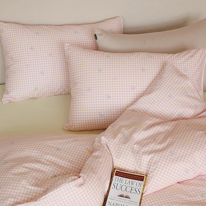 mixinni Gingham Duvet Cover King Size, 100% Cotton Light Pink and White Gingham - Image 8