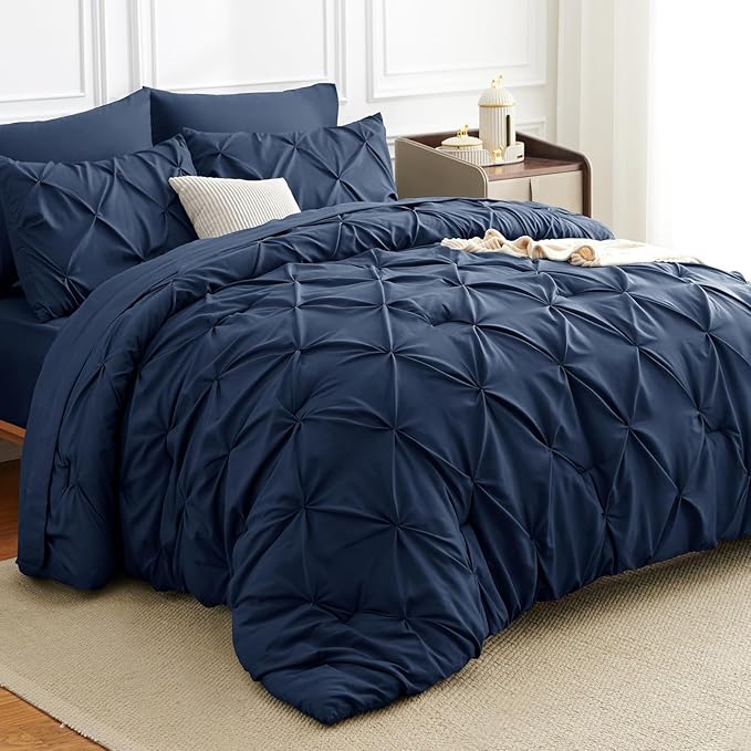 CozyLux King Size Comforter Set Navy Blue, Pintuck Bed in A Bag 7 Pieces - Image 4