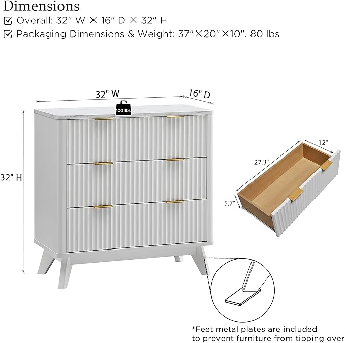 T4TREAM Fluted 3 Drawers Nightstand, Oversized Extra Large Modern Side Table - Image 2