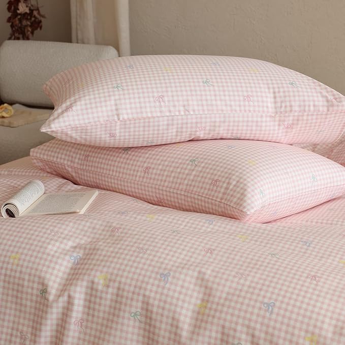 mixinni Gingham Duvet Cover Queen Size, 100% Cotton Light Pink and White - Image 4