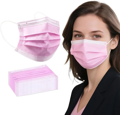 akgk 100PCS Pink Disposable Face Masks, 3-Ply Breathable Pink Face Mask by akgk
