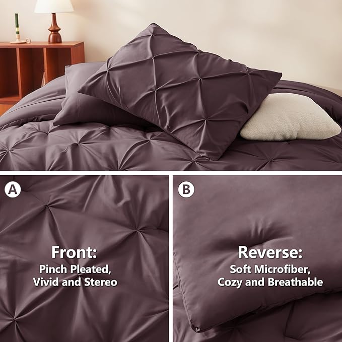 CozyLux Full Size Comforter Sets Cocoa Powder, 7 Pieces Pintuck Bed in A Bag - Image 3