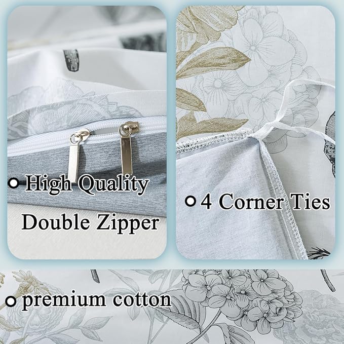 FADFAY Floral Duvet Cover Sets Twin Size 100% Cotton Ink Grey Vintage Flower - Image 3