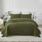 Brandream Olive Green Floral Vine Cotton Quilt Set King Size Luxury Scalloped - Image 9