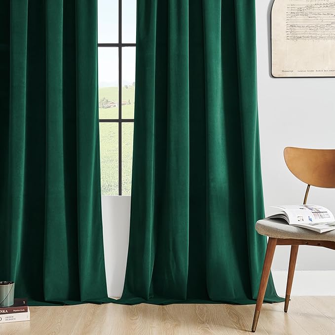 Joydeco Dark Green Velvet Curtains 96 inch Length 2 Panels Burg Set, Luxury Rod - Image 8