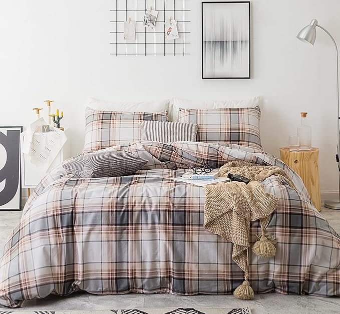 SUSYBAO Brown Tartan Duvet Covr King 100% Cotton 3 Pcs Set 1 Khaki Buffalo by SUSYBAO