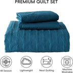 Yiran Teal Blue Quilt Set King Size Lightweight Bedspread Ultrasonic Wave - Image 7