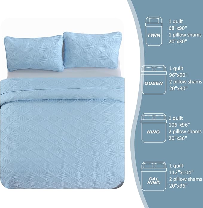 Yiran Ash Blue Quilt Set King Size, 3 Piece Reversible Bedspreads Bedding Set - Image 8