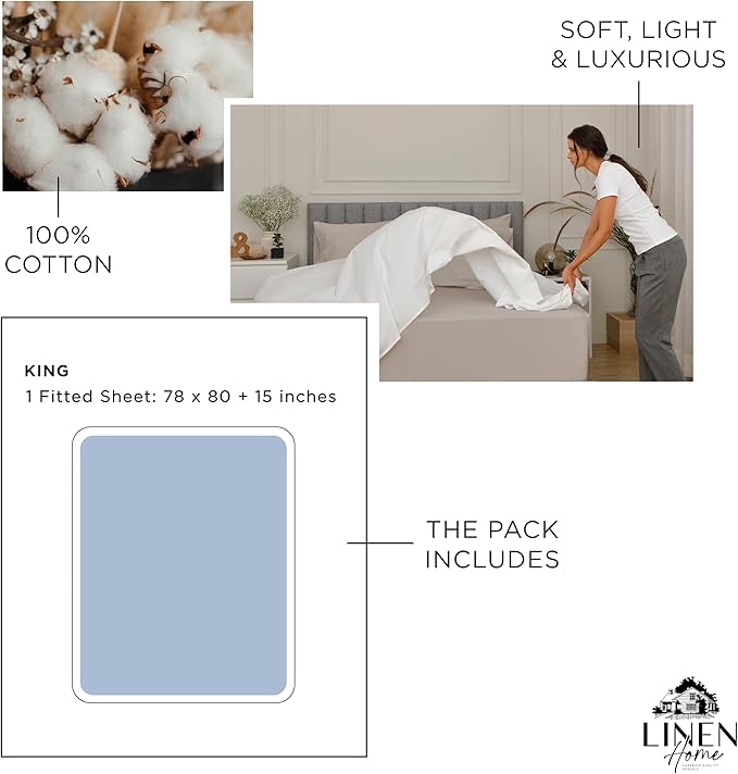 Linen Home 100% Cotton Percale Weave King Fitted Sheet Only, Baby Blue - Image 6
