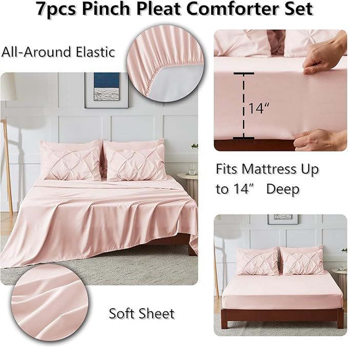CozyLux King Size Comforter Set Peach Pink, 7 Pieces Pintuck Bed in A Bag Pink - Image 6