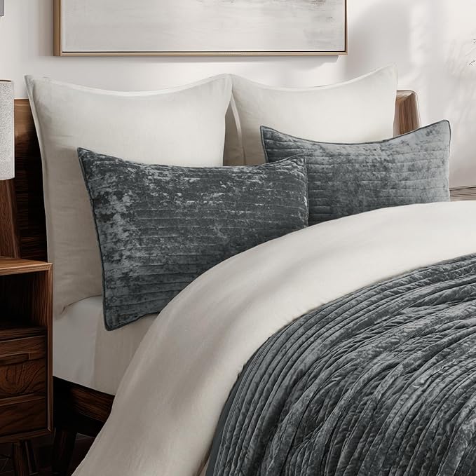 EVERGRACE Velvet Quilt Set King Size, Luxurious Soft Striped Channel Bedding Set - Image 4