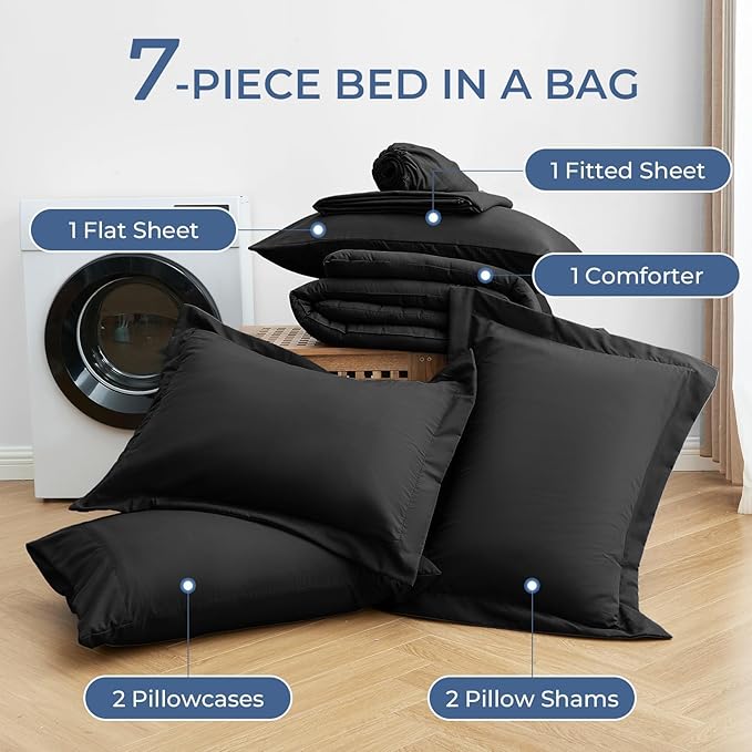 Sasttie King Size Comforter Set Black, 7 Pieces Bed in a Bag King, Complete - Image 6