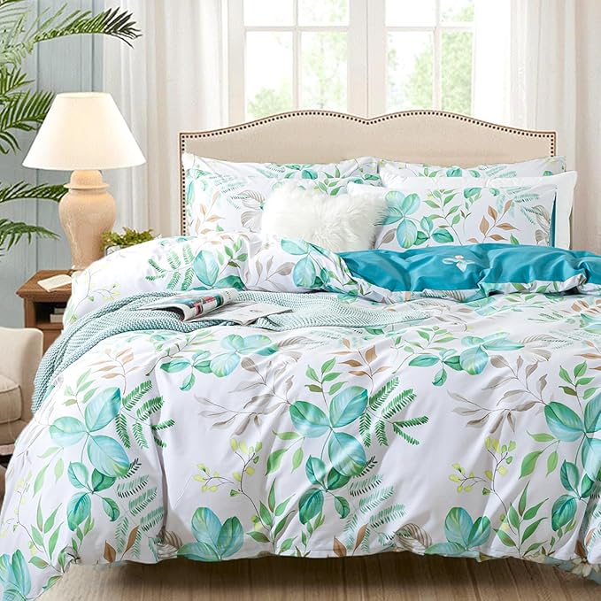 FADFAY Botanical Duvet Cover Sets Twin Size 100% Cotton Teal Green Leaves by CottonWorldSweetDream