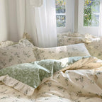 MKXI Botanical Floral Duvet Cover Twin Beige Girls Floral Ruffled Bedding Set - Image 3