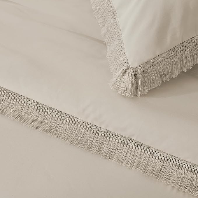 Andency Oatmeal Comforter Set Queen, 3 Pieces Boho Tassel Lightweight Bedding - Image 7