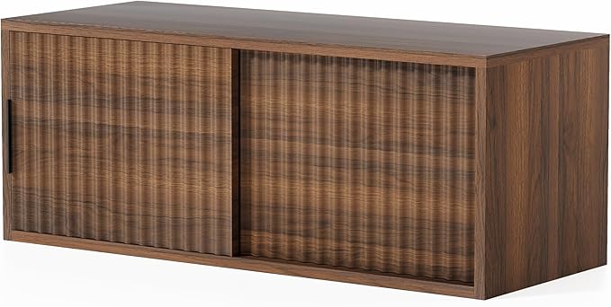 Floating Nightstand with Sliding Doors, Modern Fluted Large Night Stand Storage - Image 8