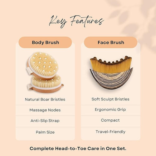 2 in 1 Dry Brushing Body & Face Contour Brush Set – Natural Boar Bristle Body - Image 2